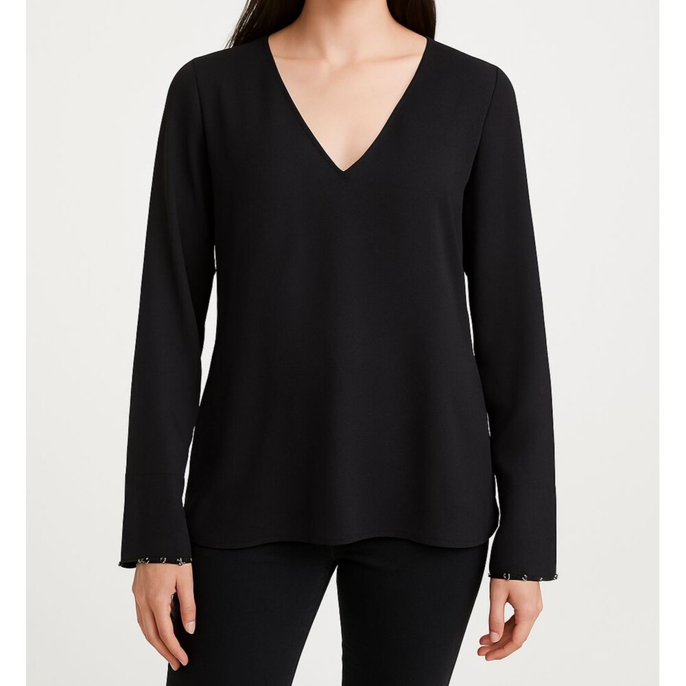 H&M Black Beaded V-Neck Blouse Women’s Size 4 Long Sleeve Elegant‎ Top